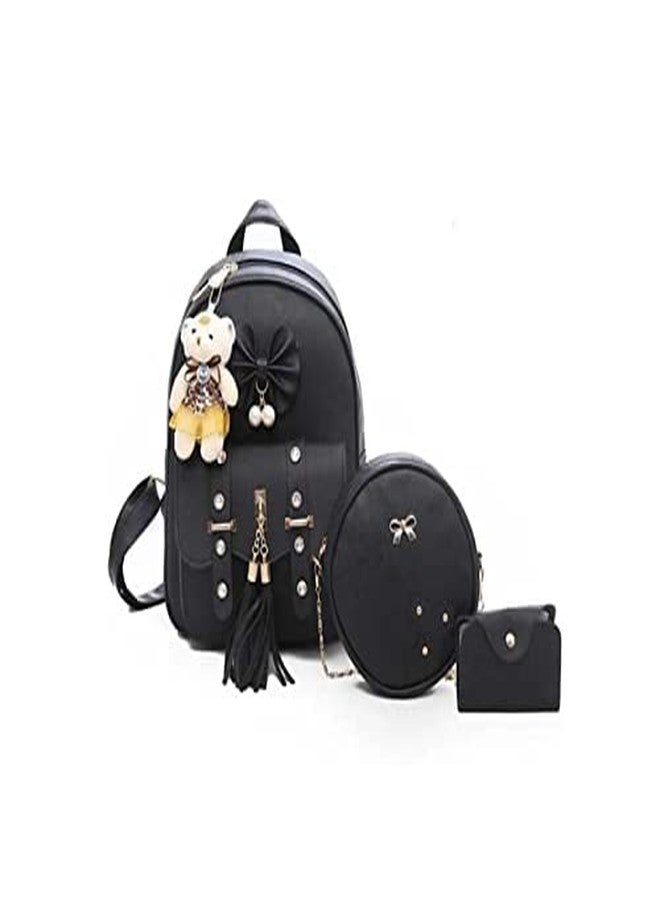 Alice Girls 3-PCS Fashion Cute Mini Leather Backpack sling & pouch set for Women (black) Rakhi gift for Sister - Image 1